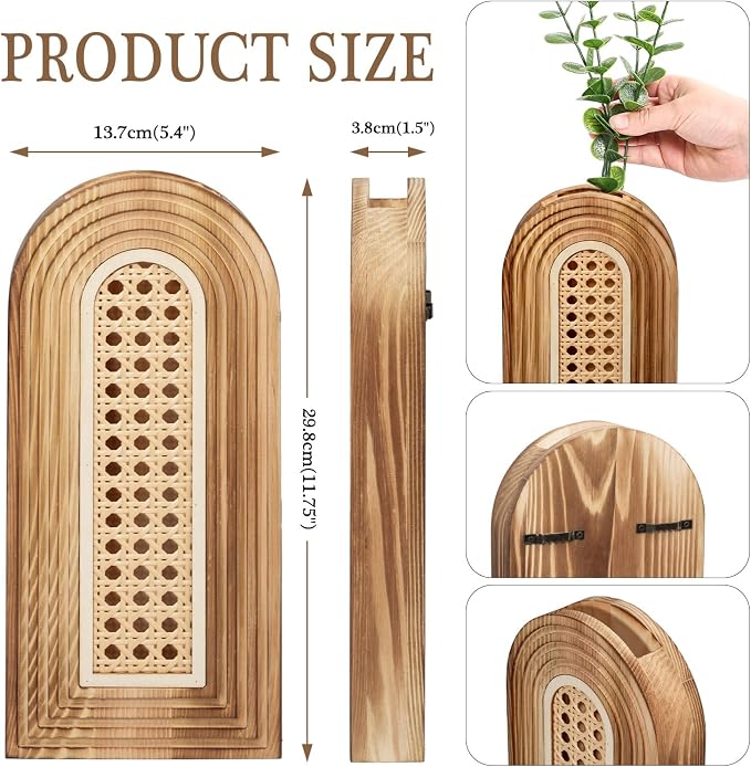 Dnnnii 2 Pack Wooden Wall Vase Set - Brown Finish Hollow Rattan Modern Farmhouse & Boho Wall Decor for Entryway, Hallway, Bathroom, Living Room, Dining Room, Narrow Spaces