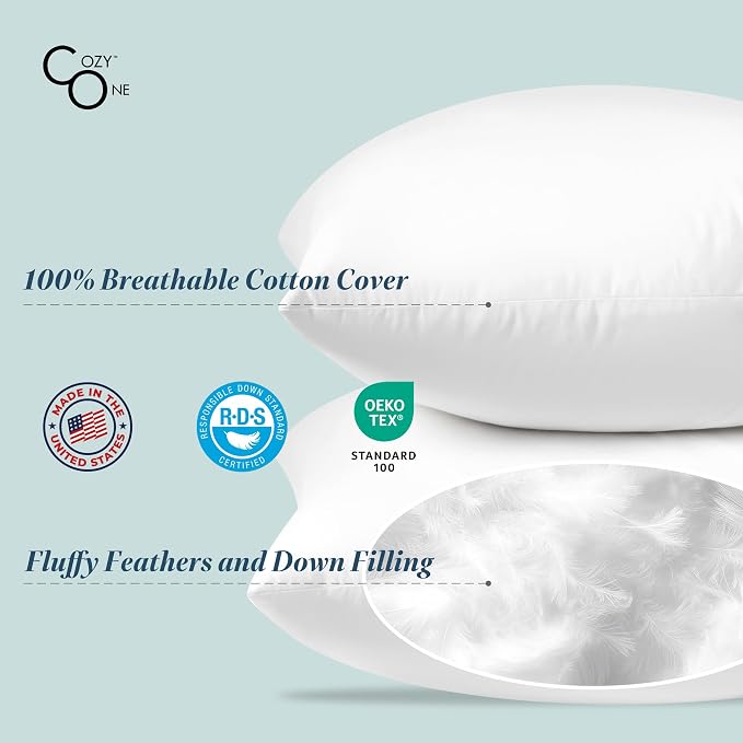 18x18 Feather Pillow Inserts Set of 2-100% Cotton Cover, Breathable and Skin Friendly - Decorative Throw Pillow Inserts for Sofa, Chairs, Beds, Benches (18x18 inch, White, Set of 2)