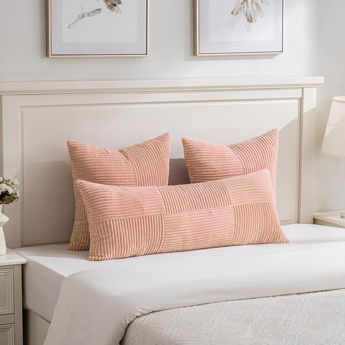 Fancy Homi 2 Packs Peach Lumbar Decorative Throw Pillow Covers 12x20 Inch for Living Room Couch Bed Sofa, Rustic Farmhouse Boho Home Decor, Soft Striped Corduroy Rectangle Accent Cushion Case 30x50 cm