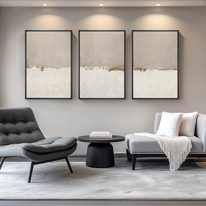 Large Framed Neutral Abstract Wall Art for Living Room, 3 Piece Modern Canvas Prints Paintings Artwork for Walls, Minimalist Beige Abstract Horizon Pictures for Hallway, Office Wall Decor 24x36 In