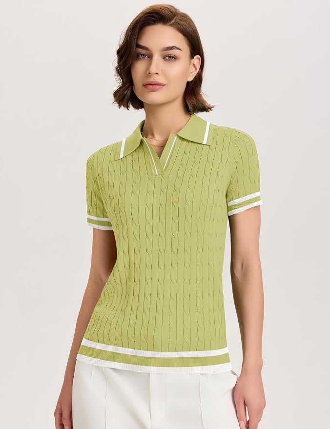 Micoson Womens Short Sleeve Sweater Tops Lapel V Neck Polo Shirts 2026 | Summer Cable Knit Loose Blouses, Business Casual Outfits