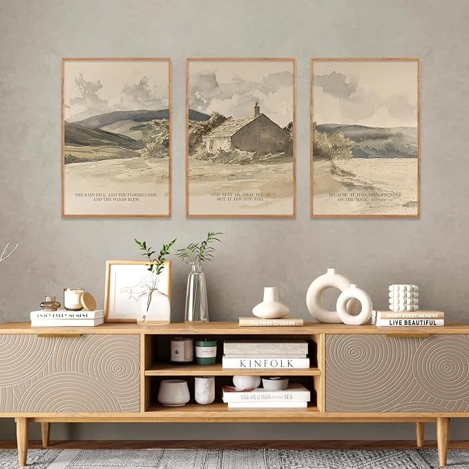 FWIEXA Nature Christian Bible Verse Framed Canvas Wall Art Set, Floods Mountain Houses Jesus Wall Decor, Vintage Easter Artwork, Inspirational Quotes Art Prints for Prayer, Bedroom - Size 24"x36"x3