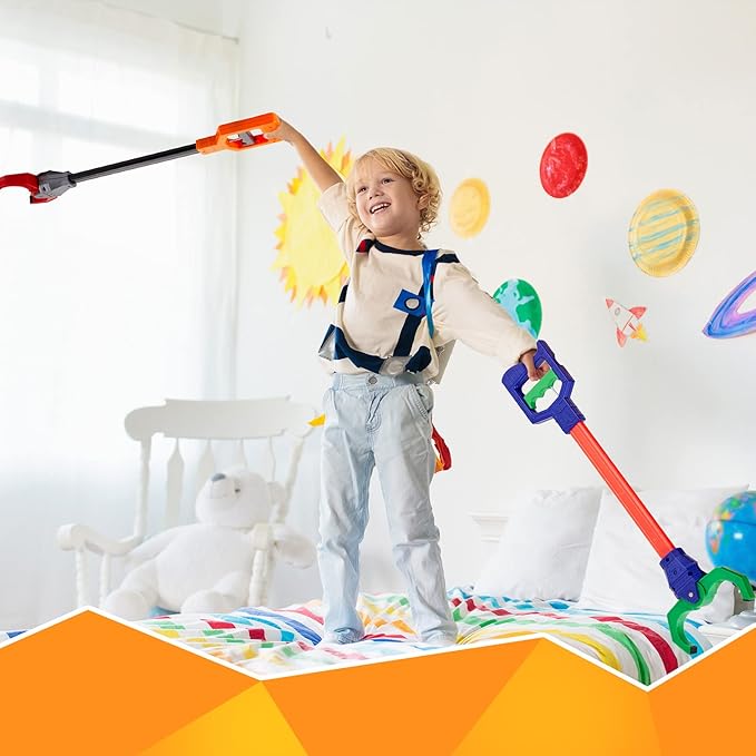Lewtemi 4 Pcs Interactive Grabber Toy for Kids Claw Robot Arm Pack Reacher Pickup Tool for Boys Girls Children Fun Early Learning and Hand Eye Coordination Play, 18 Inch (Red,Blue,Gray)