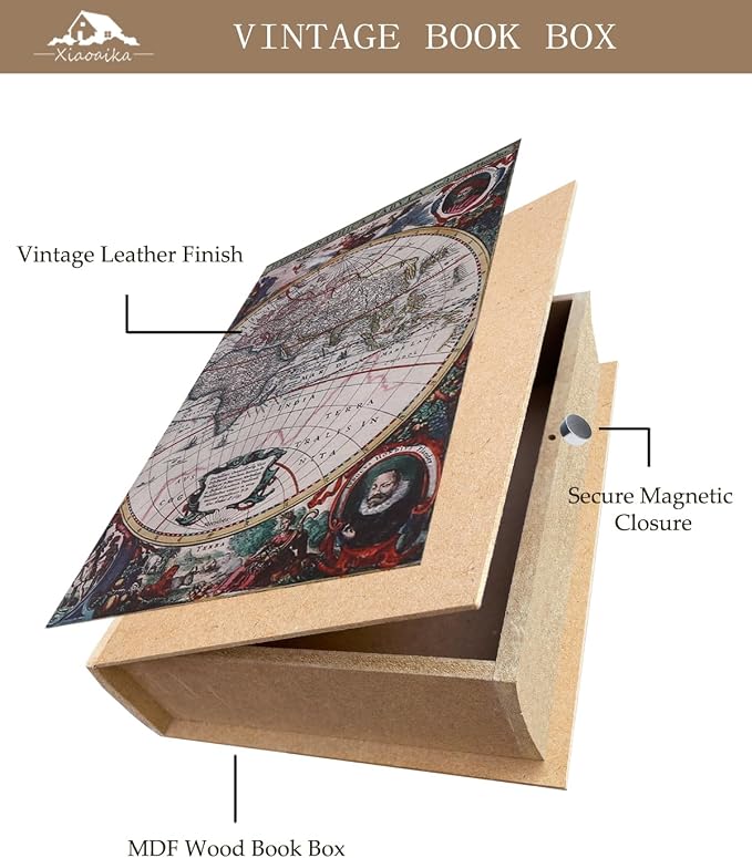 Decorative Wooden Book Box - Vintage Faux Book Boxes for Home Decor, Secret Storage with Magnetic Closure, Antique Style, Map Leather Cover Design, Perfect for Home Office Bookshelf, 10x7x1.6 Inches