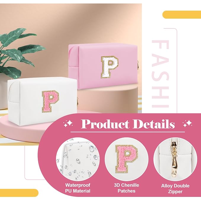 Personalized Makeup Bag Initial A-Z Preppy Patch Bag,Small PU Leather Travel Cosmetic Bag Pouch with Zipper,White Cute Toiletry Bag,Gift Ideal for Teen Girls Women Birthday Friend Mom,Letter P