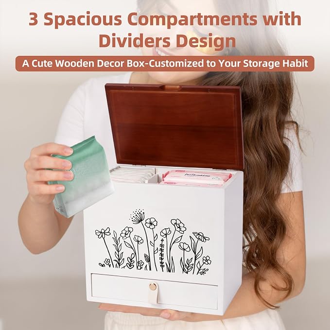 2-Layer Solid Wood Tampon Box Storage Organizer, 100% Wood Bathroom Feminine Accessories Holder with Drawer, Dual-Compartment Holder for Pads, Tampons, & Liners, Gold Floral, Gifts for Women