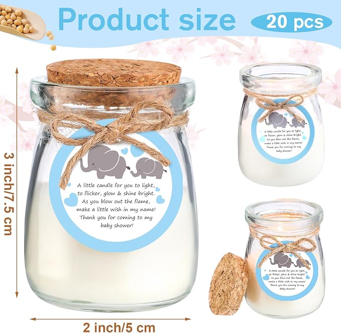 Threlaco 20 Pcs Elephant Baby Shower Favors Party Candle Lavender Scented Glass Mason Jar Wax Candle Bulk for Guests Girl Boy Gender Reveal Party Gifts(Blue)
