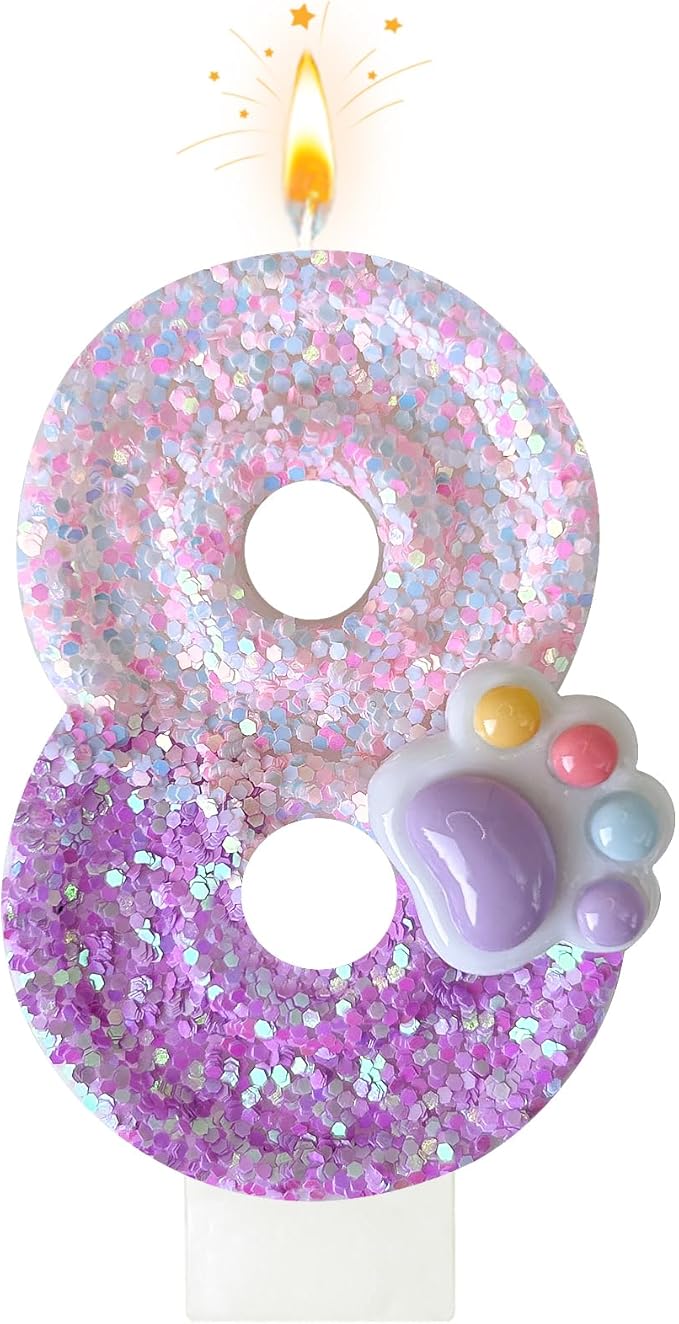Pink Cat and Dog Paw Birthday Number Candles, Cupcake Decorations, Dog Theme Candles, Suitable for Party Celebrations, Birthday Decoration Supplies (Number 8)