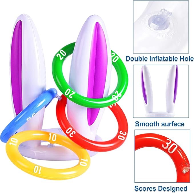 3 Pack Inflatable Easter Bunny Ring Toss Game with Score Ring - Easter Basket Essential for Kids Indoor Outdoor Rabbit Ears Toss Toy, Family Party Games School Carnival Activities(3 Set & 12 Rings)