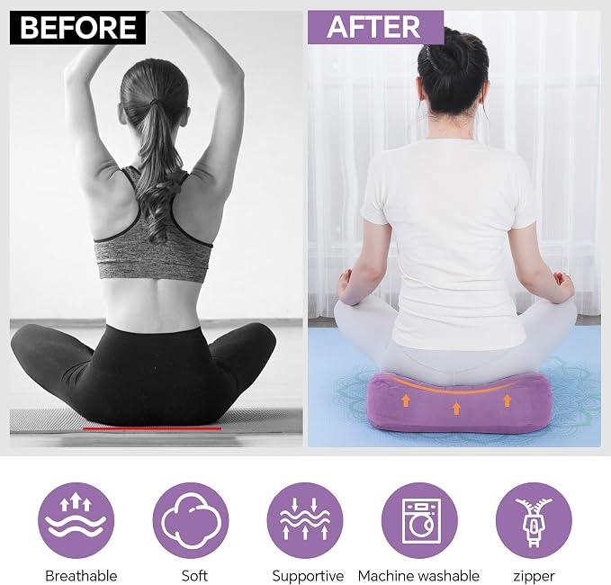 MABOZOO 2-Piece Yoga Bolster Pillow, Rectangular & Crescent Meditation Cushions with Removable Cover for Restorative Yoga, Meditation Accessories for Sitting on Floor