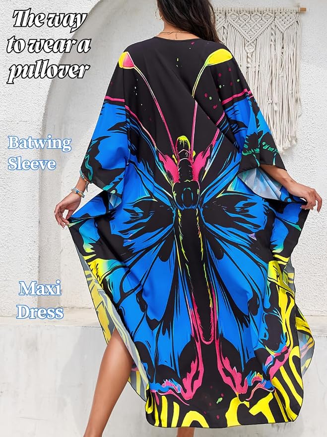 ChiaoLezhee Print Moo-Moos for Women, Kaftan Cover-Up Dresses, Sexy V-Neck High-Slit, Beach Pool-Party Coverups Muumuu Plus