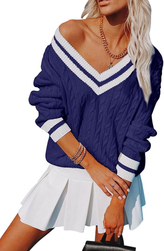 Aoudery Womens V Neck Oversized Sweaters Long Sleeve Cable Knit Pullover Striped Chunky Sweater Casual Tennis Tunic Tops