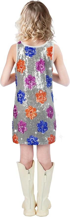 Girls Sequin Dress Sparkly Sleeveless Costume Prom Concert Party Outfit with Glitter Microphone Prop