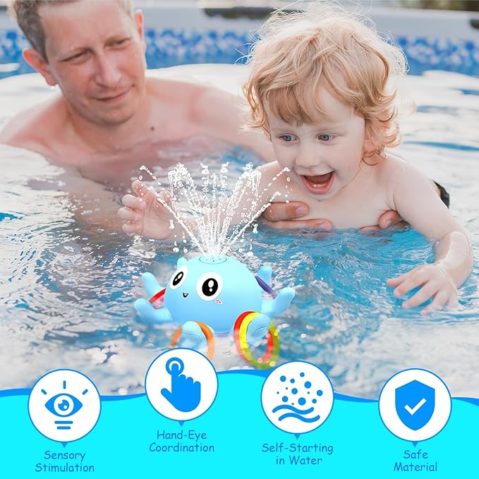 Baby Octopus Bath Toy, Light Up Sprinkler with 8 Sensory Rings, Bathtub Fountain Spray Toy for Kids – Pool Toys for Toddlers