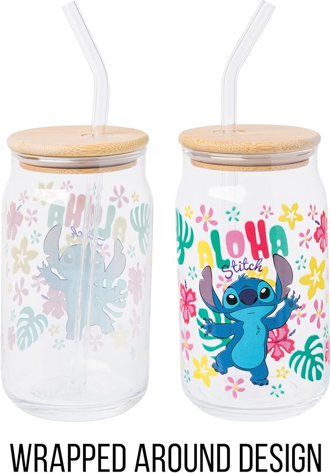 Silver Buffalo Disney Lilo and Stitch “Aloha” Tropical Hawaiian Glass Jar Tumbler with Bamboo Lid and Glass Straw, 16 Ounces
