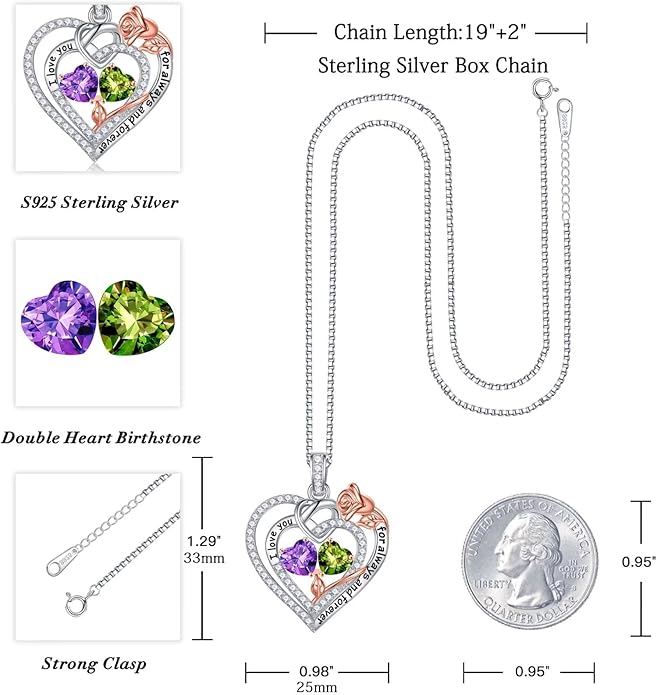 Iefil Valentines Day Gifts for Her Wife - 925 Sterling Silver Double Birthstone Necklace, Anniversary Birthday Gifts for Women, Jewelry Gift for Wife Girlfriend Mom Her
