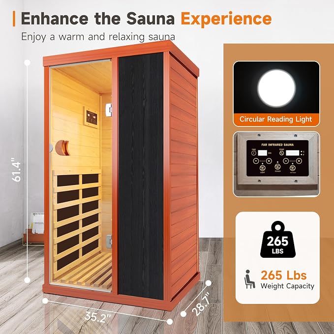 OUTEXER 1 Person Sauna Far Infrared Sauna 1200W Indoor Home Sauna Low EMF 110V with Control Panel 7 Color Light 28.7 * 35.2 * 61.4 inch