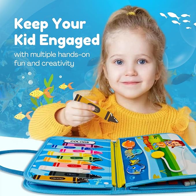 Ocean Busy Book for Toddlers 1-3 | Montessori Activity Book with Various Activities For Girls & Boys | Educational Learning Sensory Board For Toddlers 1-3 | Portable busy board Travel Toy for Car