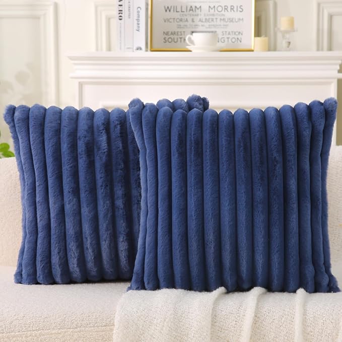 Decorative Throw Pillow with Inserts, Set of 2 Soft Faux Fur Throw Pillows, Square Boho Striped Pillow for Couch, Bed, Sofa Decor (Blue, 20" x 20"(Pack of 2))