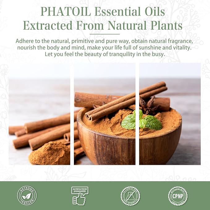 Cinnamon Essential Oil, 1.01Fl.Oz (30ML) PHATOIL Pure Essential Oil Singles for Aromatherapy Diffusers, Humidifiers, Great for DIY Candle and Soap Making, Gift for Friend