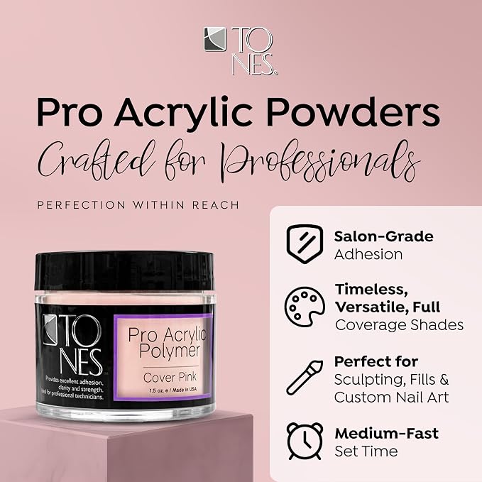 TONES Professional Acrylic Powder – Cover Pink (Soft Nude Pink) | Long-Lasting Non-Yellowing Polymer | Salon & Home Extensions & 3D Nail Art | MMA-Free | USA Made (3.5 oz)