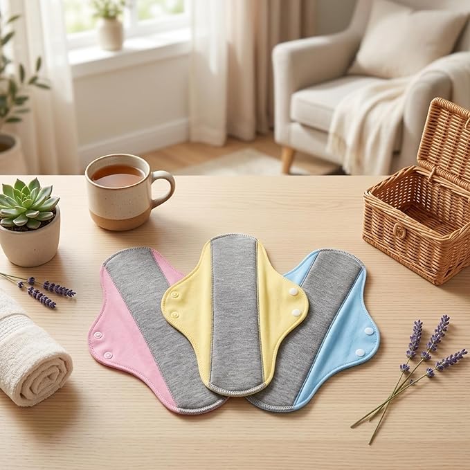 9 PCS Washable Incontinence Pads for Women, Reusable Incontinence Pads for Women, Reusable Panty Liners, Set with 3 Pink, 3 Yellow, 3 Blue, Soft and Absorbent, Comfortable and Discreet