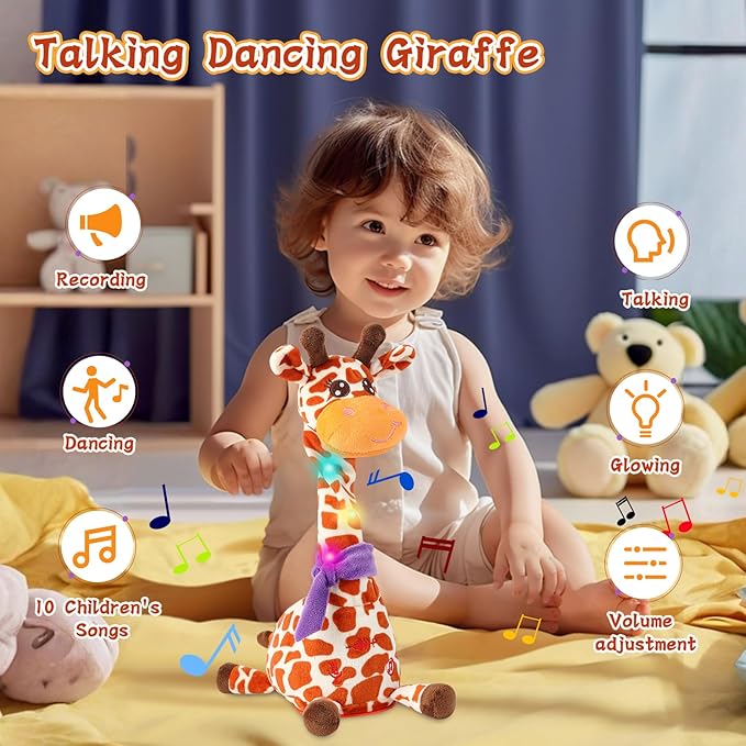 LUKETURE Musical Dancing Talking Giraffe Plush Toy, Yellow and White Spotted, Talking Baby Toy with Lights, 10 Songs and Voice Repeat, Soft Sensory Gift