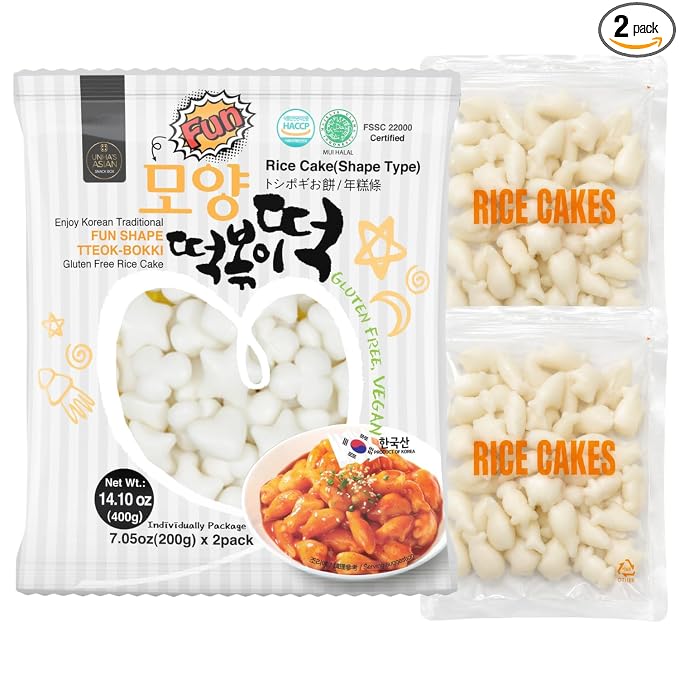 Unha's Fun Shaped Korean Tteokbokki Rice Cakes, 14.10 oz, 2 Pouches | fun shaped chewy tteok for tteokbokki snacks