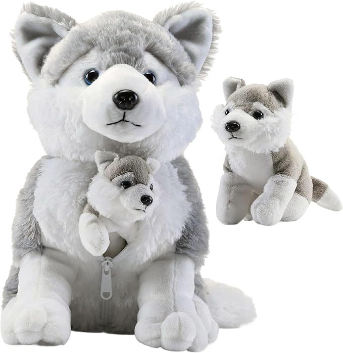 Plush Husky Dog with Zippered Pouch - Plushlings Collection - Soft Stuffed Animal Playset for Baby Boy, Girl, and Toddlers