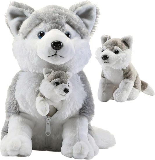 Plush Husky Dog with Zippered Pouch - Plushlings Collection - Soft Stuffed Animal Playset for Baby Boy, Girl, and Toddlers