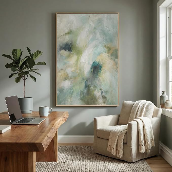 Extra Large Framed Teal Abstract Wall Art, Oversized Vertical Sage Green Canvas Prints Paintings Artwork for Walls, Modern Minimalist Pictures Wall Decor for Living Room Bedroom Hallway 40x60 In