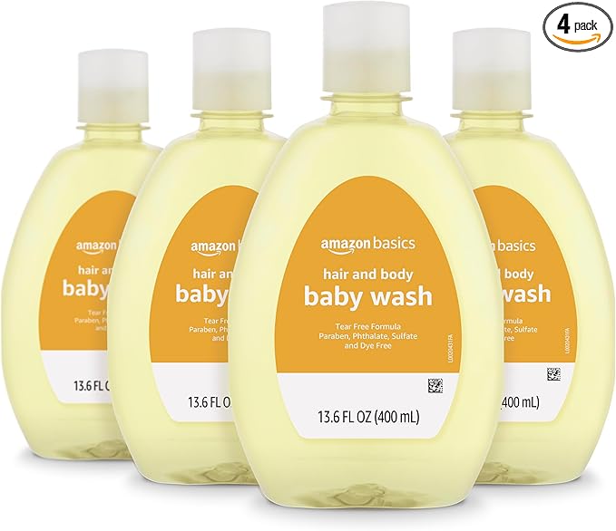 Amazon Basics Tear-Free Baby Hair and Body Wash, Paraben-Free, Sulfate-Free, Dermatologist Tested, Lightly Scented, 13.60 Fl Oz, 4-Pack
