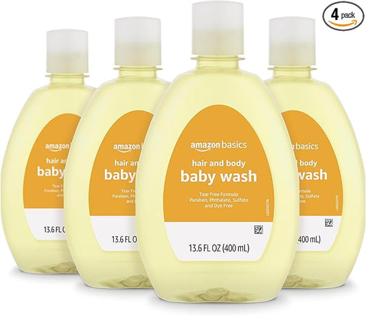 Amazon Basics Tear-Free Baby Hair and Body Wash, Paraben-Free, Sulfate-Free, Dermatologist Tested, Lightly Scented, 13.60 Fl Oz, 4-Pack
