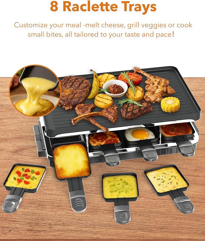 HBN Raclette Table Grill, 2-in-1 Korean BBQ Grill & Electric Griddle, 1300W | 8 Warming Trays, Reversible Nonstick Plate, Crepe Maker with Adjustable Temperature, for Indoor Family Gatherings, Parties