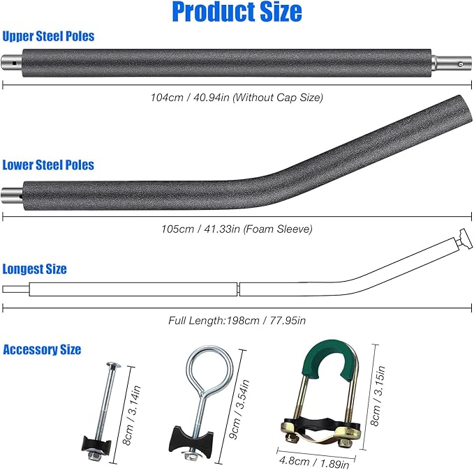 2PCS Trampoline Poles Replacement, 1mm Thick, Fits 1.65'' / 4.2CM Inner Diameter for 10-16FT Jumpzylla Trampolines, Complete Kit with Protective Foam Sleeves & Mounting Hardware