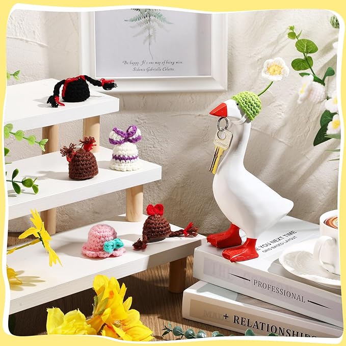 Geyoga 6 Pcs Mini Knitted Hats 7 Inch Goose Outfits Hat with Adjustable Strap Mini Porch Goose Headwear for Statue Key Holder