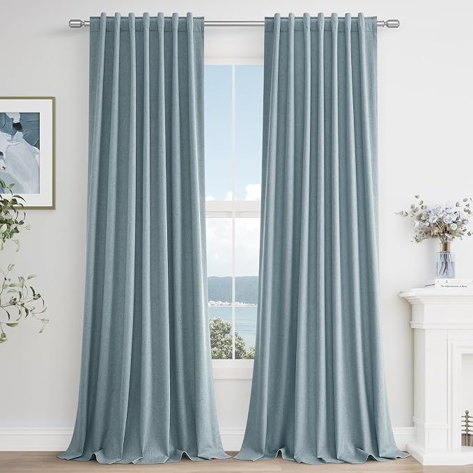 Guken Blue 100% Blackout Curtains 98 Inch Length 2 Panels Set for Living Room Bedroom Back Tab Thermal Insulated Black Out Linen Drapes Room Darkening Window Curtains 98 Inches Long Dusty Blue