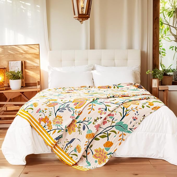 VANJOROY Boho Throw Blanket for Bed, 100% Organic Cotton Breathable Ultra Soft 60" x 80" Quilt Throw - All Season Floral Rustic Farmhouse Decor Luxury Reversible Blanket for Sofa Couch Chair and Gift