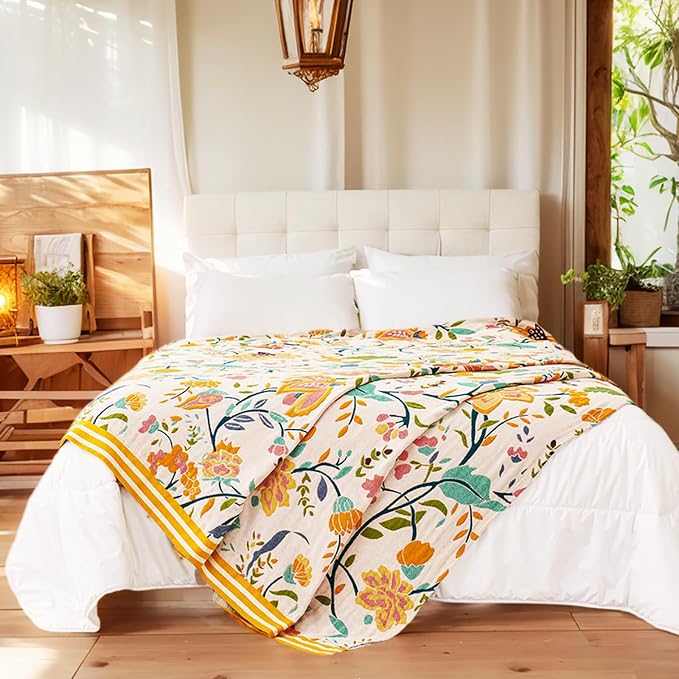 VANJOROY Boho Throw Blanket for Bed, 100% Organic Cotton Breathable Ultra Soft 50" x 60" Quilt Beige Throw - All Season Floral Farmhouse Decor Luxury Reversible Blanket for Sofa Couch Chair and Gift