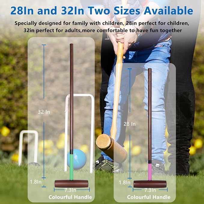 SpeedArmis 8 Players Croquet Set with 32In Regulation | 28In Standard Size Rubber Wood Mallets, Colored PE Ball, Wickets, 21In End Stakes and Bag - Lawn Backyard Game for Teens/Adults/Family