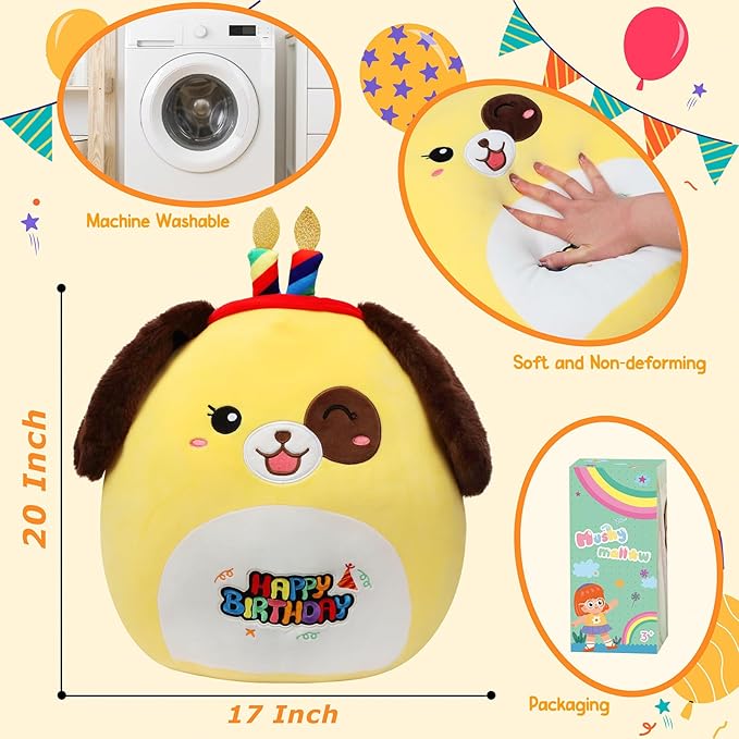 20-Inch Birthday Dog Plush Pillow Jumbo Happy Birthday Throw Pillow Cute Puppy Plush Toy Giant Soft Hugging Stuffed Animal Gifts for Kids Adults,Yellow