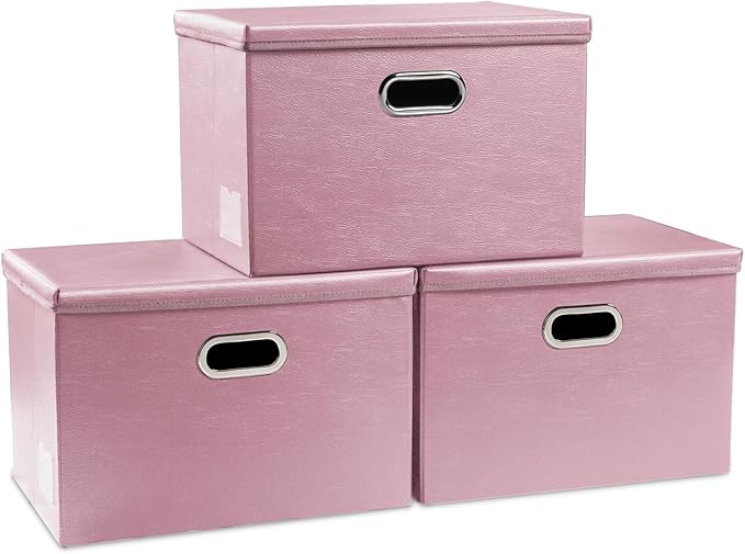Large Stackable Storage Bins with Lids [3-Pack] Leather Fabric Foldable Storage Boxes Organizer Containers Baskets Cube with Cover for Bedroom Closet Office Nursery Pink (17.7x11.8x11.8)