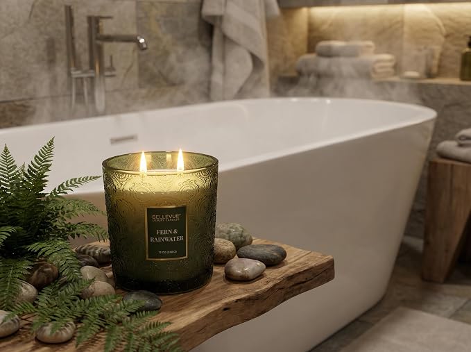 Bellevue Luxury Candles, 12 OZ Soy Blend Candle, Embossed Glass, Fragrances formulated with Essential Oils, Home Fragrances, Scented Candles Gift Set ǀ Scent: Fern & RAINWATER
