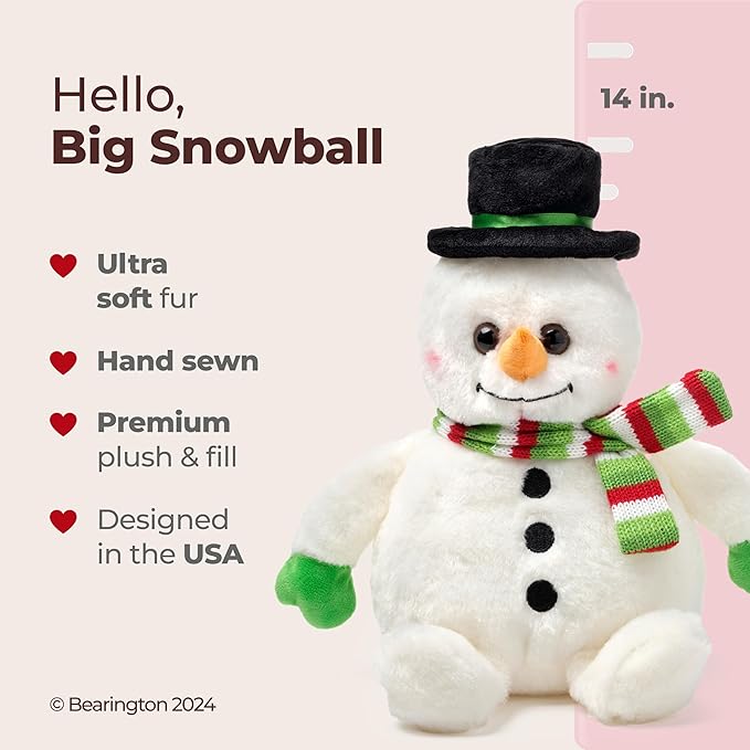 Bearington Big Snowball Snowman Plush, 14 Inch Snowman Stuffed Animal, Ideal Stuffed Christmas Animals Gift for Toddlers, Kids & Teens, for Ages 3-14
