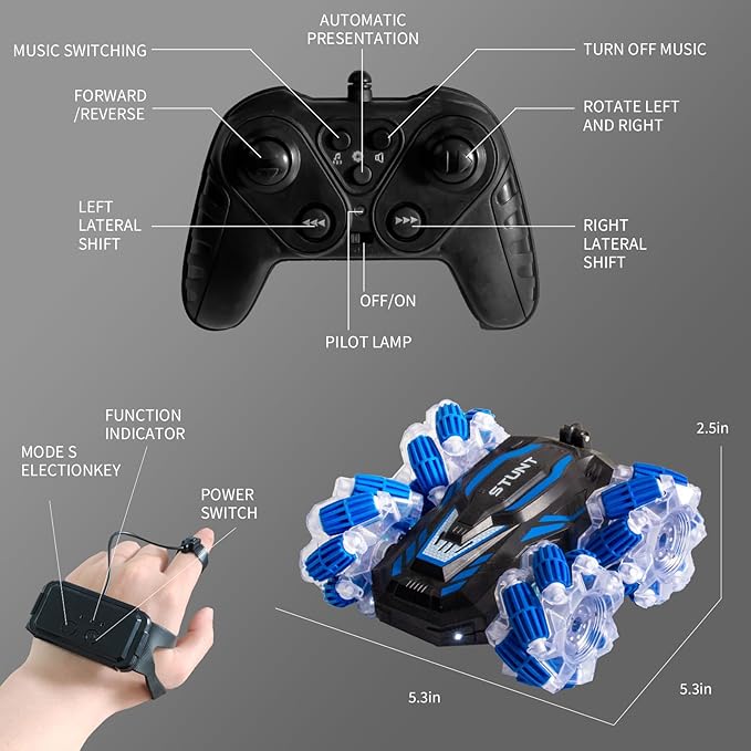 YEMIAI Remote Control Car, 2.4 Ghz 4WD Gesture Sensing RC Stunt Car, Double Sided 360° flip, with Cool Lights and Music, Birthday Present Toys Car for Boys SND Girls Aged 5-12 (Blue)
