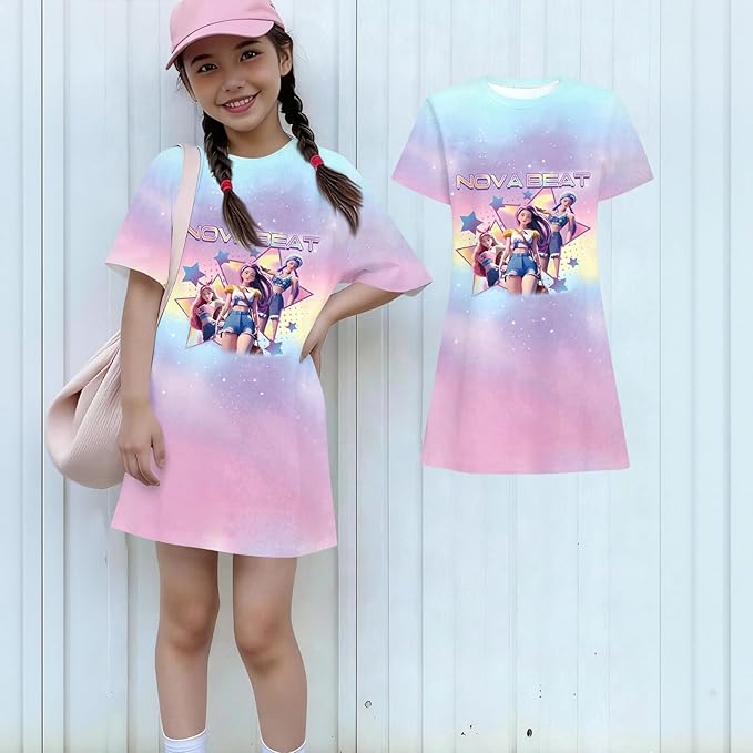 Girl's Anime K-POP Graphic Long Dress T-Shirt - Casual Loose Fit Short Sleeve Top