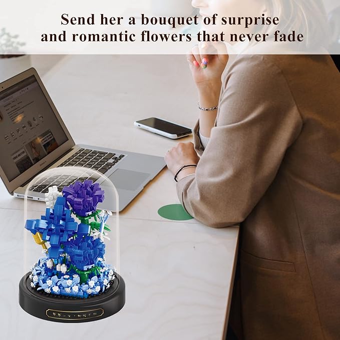 Roses Flower Bouquet Set,Mini Bricks Botanical Collection Flowers Building Blocks,Artificial Plant Bonsai Tree Friend Set,New Year Valentines Birthday Gift for Mom Girls Women Adults(Blue)