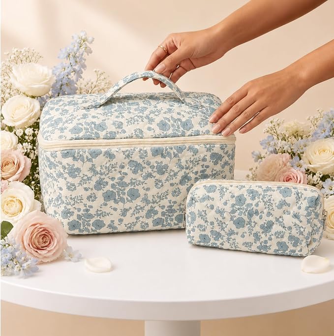 Travel Makeup Bag for Women,Large Capacity Quilted Cosmetic bag， 2PCS Make up Bag Set Open Flat Toiletry Bag for Skincare, Brushes & Travel Essentials (Blue2)