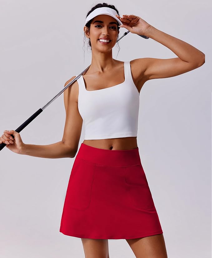 PINSPARK 17" Golf Skorts for Woman High Waisted Tennis Skirt with 4 Pockets | Lightweight, Quick Dry, 4-Way Strecth, Breathable, Tummy Control, UPF 50+ Athletic Skort for Workout, Pickleball, Gym, Casual