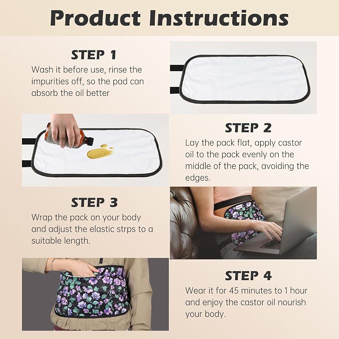 2 Pack Castor Oil Pack Wrap, Organic Cotton for Liver Detox, Reusable Compress Highly Absorbent Anti Oil Leak, Multiflora Rose (Oil Not Included)